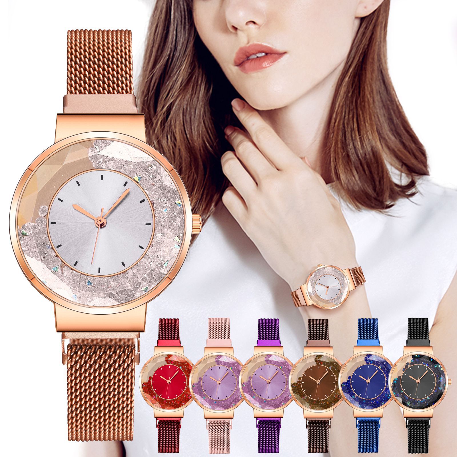 韩版女士女表 时尚流沙碎钻表盘简约米兰带石英手表腕表