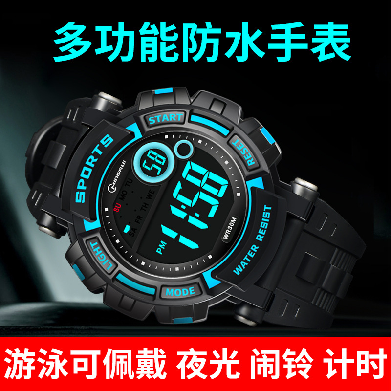 The trend of multi-functional blue waterproof electronic watches for boys, junior high school students, sports teenagers, luminous boys and boys Specification image