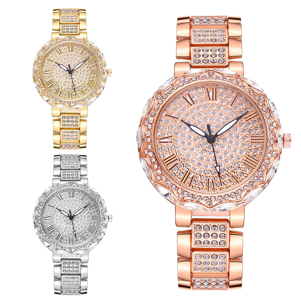 Creative alloy Roman dial bracelet watch, fashionable diamond-encrusted round dial, personalized ladies' watch Item Picture