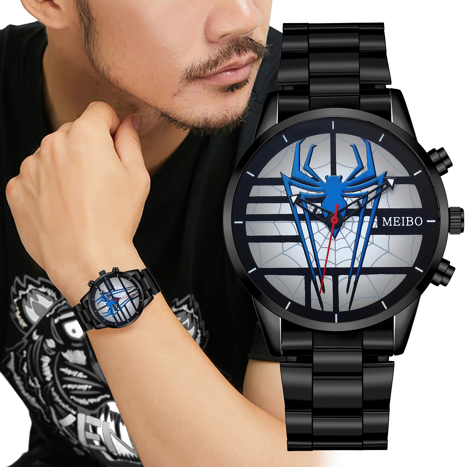 Cross-border steel band men's watch with spider pattern cool student fashion wristwatch men's quartz watch Item Picture