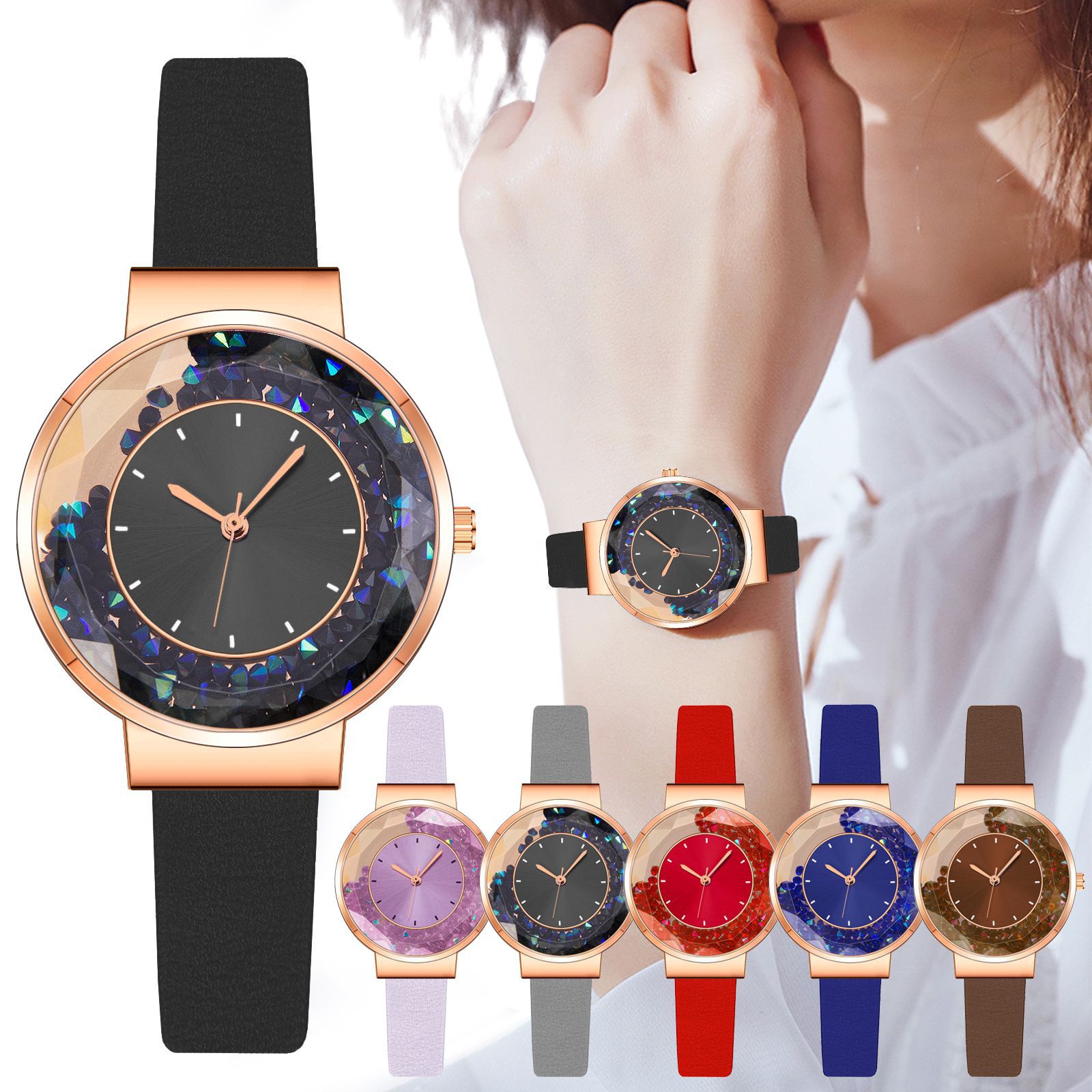 韩版女士手表 时尚流沙碎钻表盘简约pu气质表带石英表批发手表