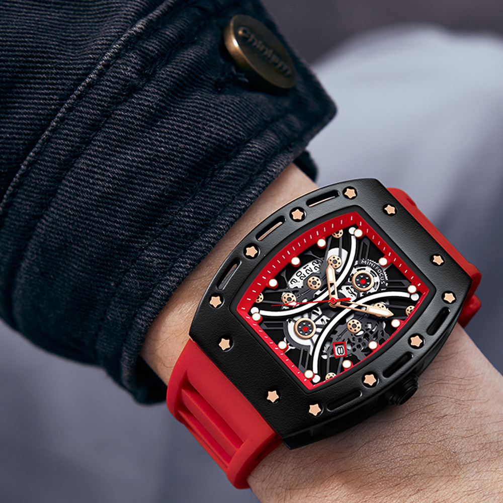 MINI FOCUS brand watch: Powerful wine barrel men's watch, arc-shaped mirror Skeleton Sports men's Watch 0420G Specification image
