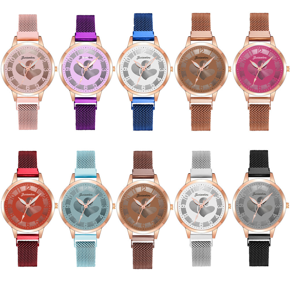 New stainless steel mesh strap heart-shaped digital quartz watch, simple three-hand women's display wholesale Item Picture