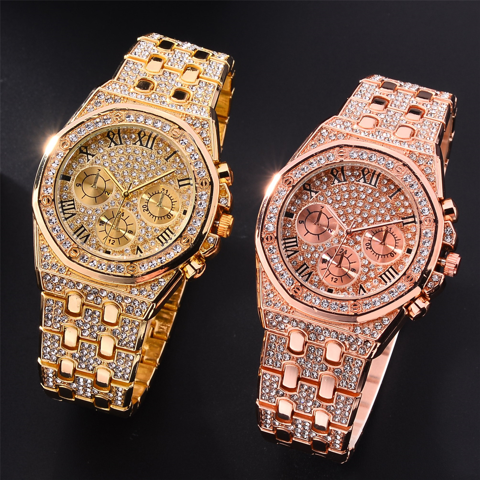 Men's diamond-encrusted English steel band watch, fashionable water diamond fashion watch, men's casual three-eye steel band watch Application Scenario