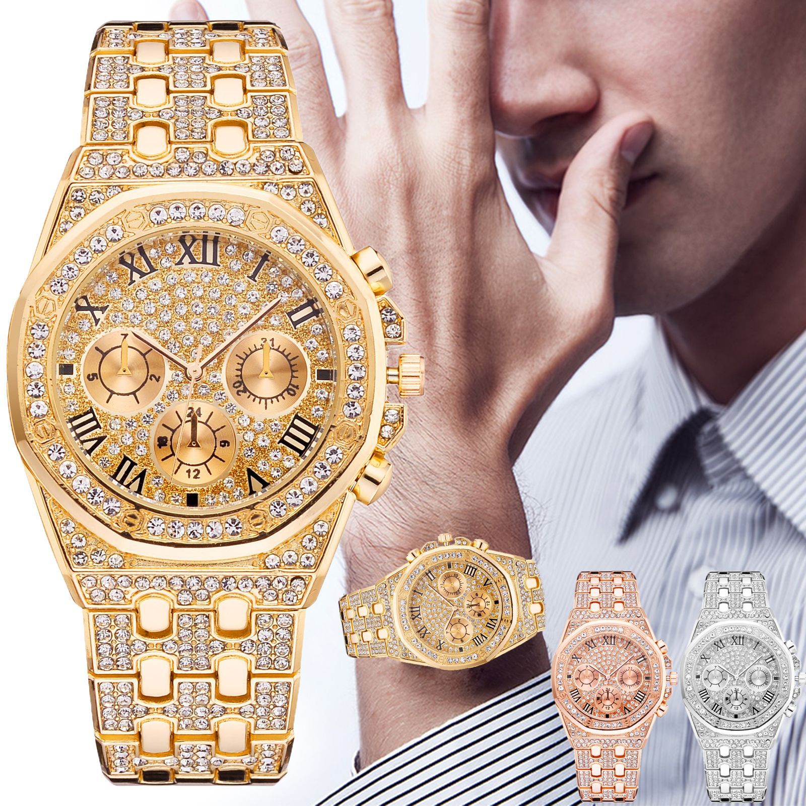 Men's diamond-encrusted English steel band watch, fashionable water diamond fashion watch, men's casual three-eye steel band watch