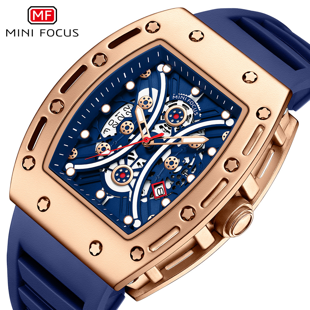 MINI FOCUS brand watch: Powerful wine barrel men's watch, arc-shaped mirror Skeleton Sports men's Watch 0420G Application Scenario