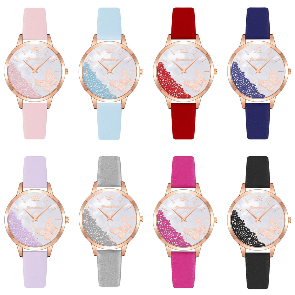 Douyin's new women's leather strap butterfly watch, a fashionable and trendy ball-bearing sand dial fashion wristwatch for women, is available for wholesale Item Picture