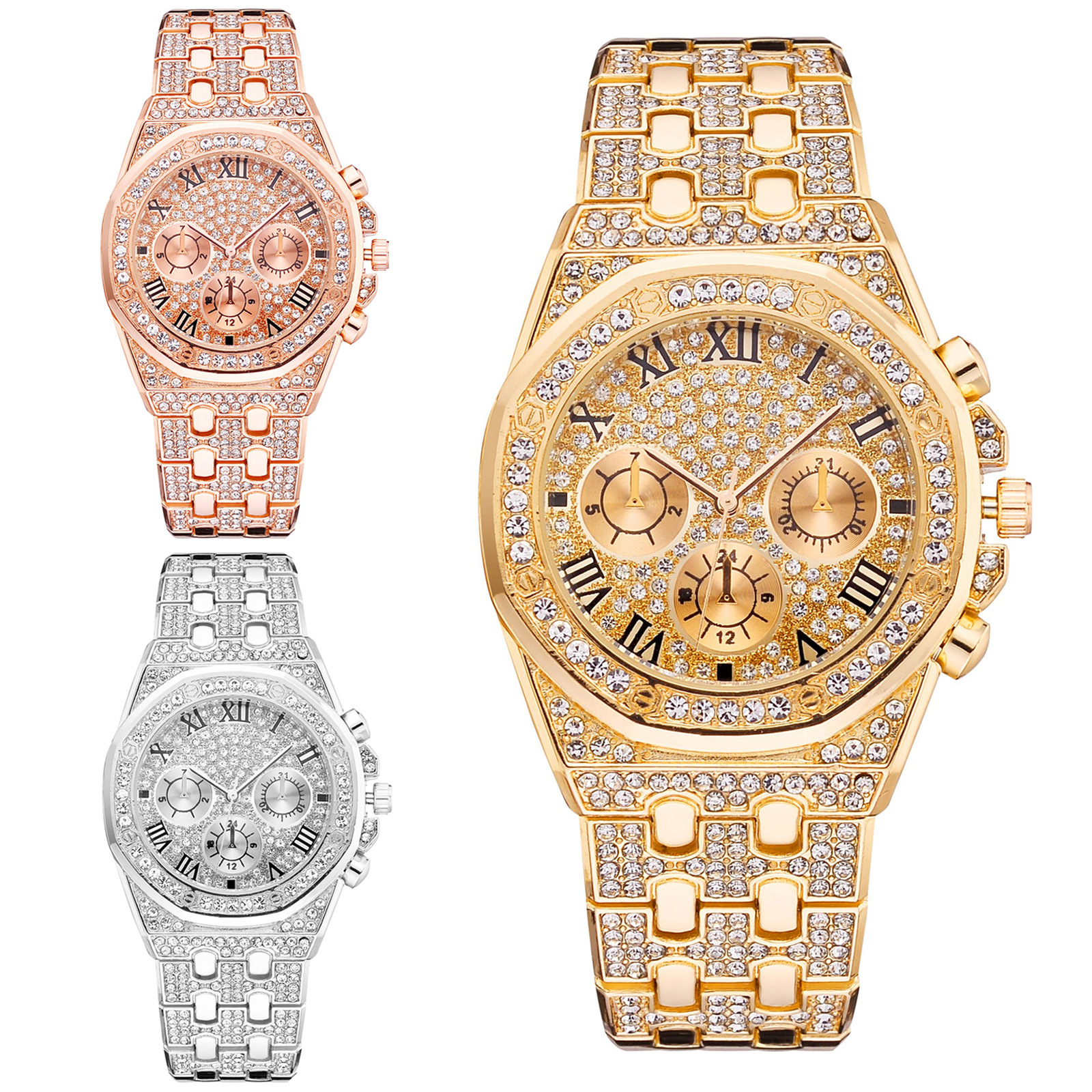 Men's diamond-encrusted English steel band watch, fashionable water diamond fashion watch, men's casual three-eye steel band watch Item Picture