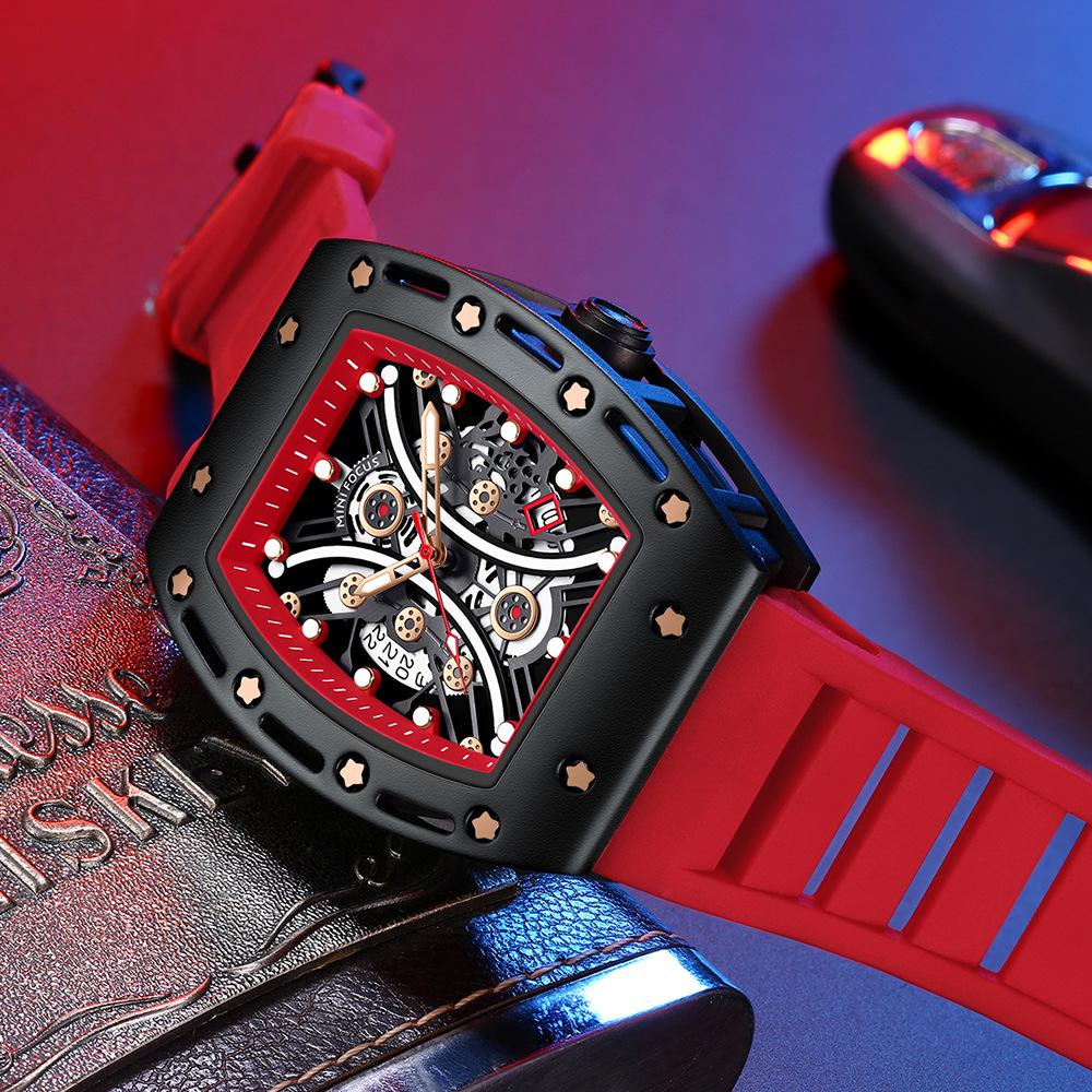 MINI FOCUS brand watch: Powerful wine barrel men's watch, arc-shaped mirror Skeleton Sports men's Watch 0420G details Picture