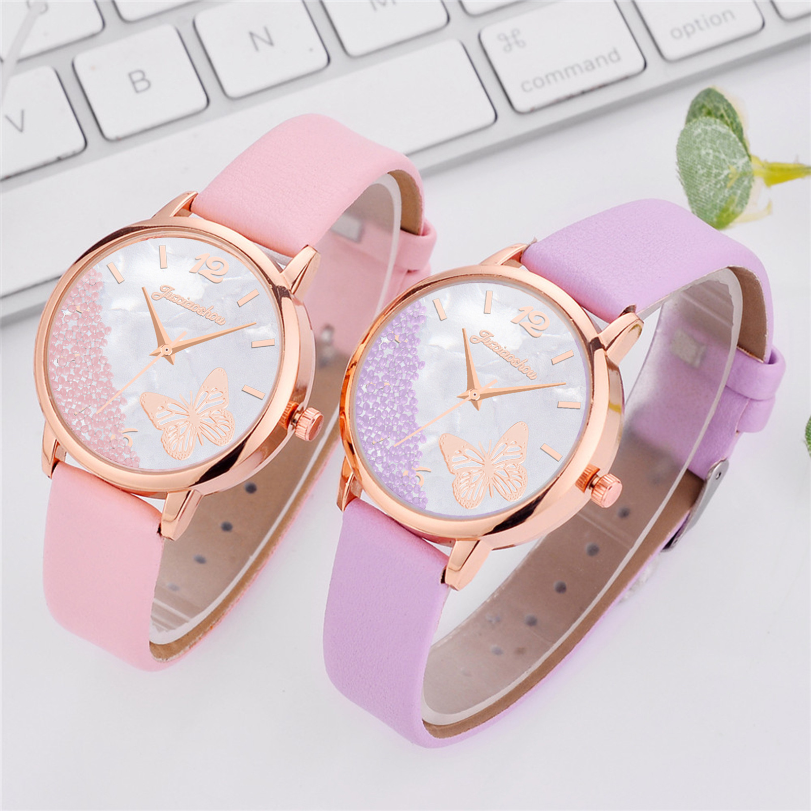 Douyin's new women's leather strap butterfly watch, a fashionable and trendy ball-bearing sand dial fashion wristwatch for women, is available for wholesale Specification image