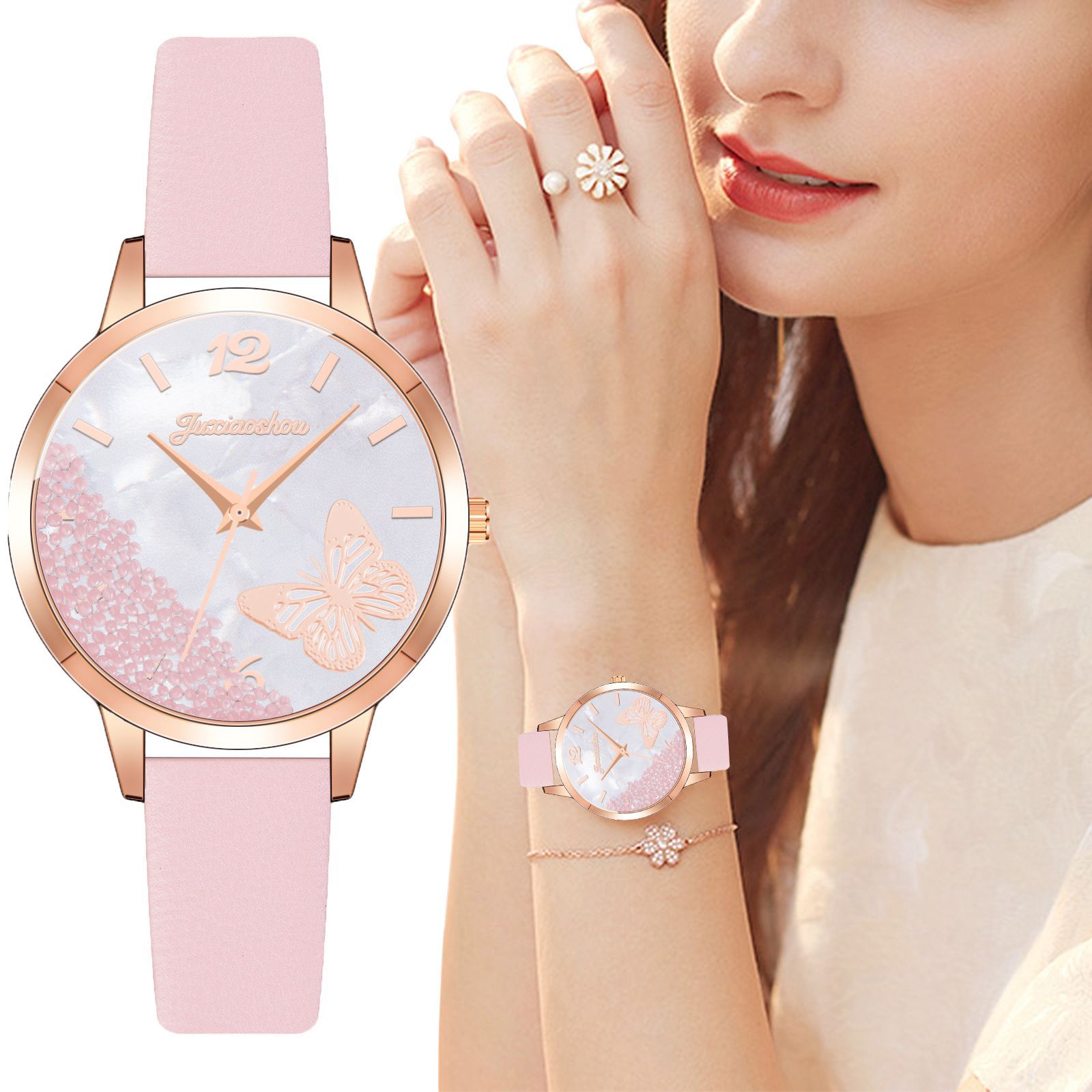 Douyin's new women's leather strap butterfly watch, a fashionable and trendy ball-bearing sand dial fashion wristwatch for women, is available for wholesale