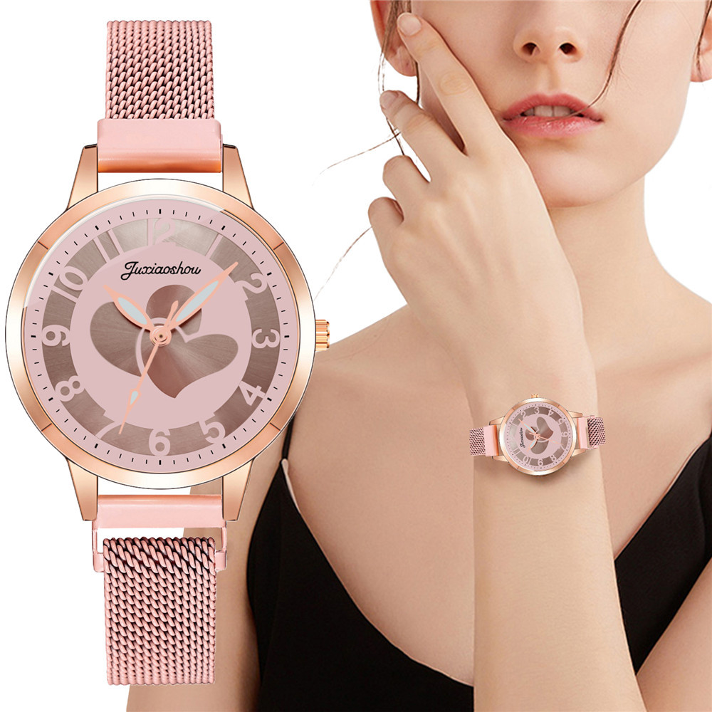 New stainless steel mesh strap heart-shaped digital quartz watch, simple three-hand women's display wholesale