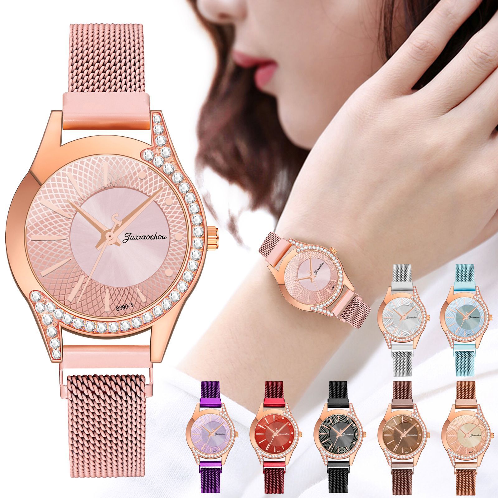 Douyin's popular fashion watch, a ladies' Milan watch with grid scale dial and alloy diamond setting