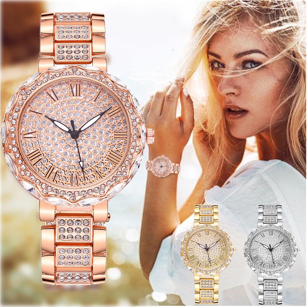 Creative alloy Roman dial bracelet watch, fashionable diamond-encrusted round dial, personalized ladies' watch