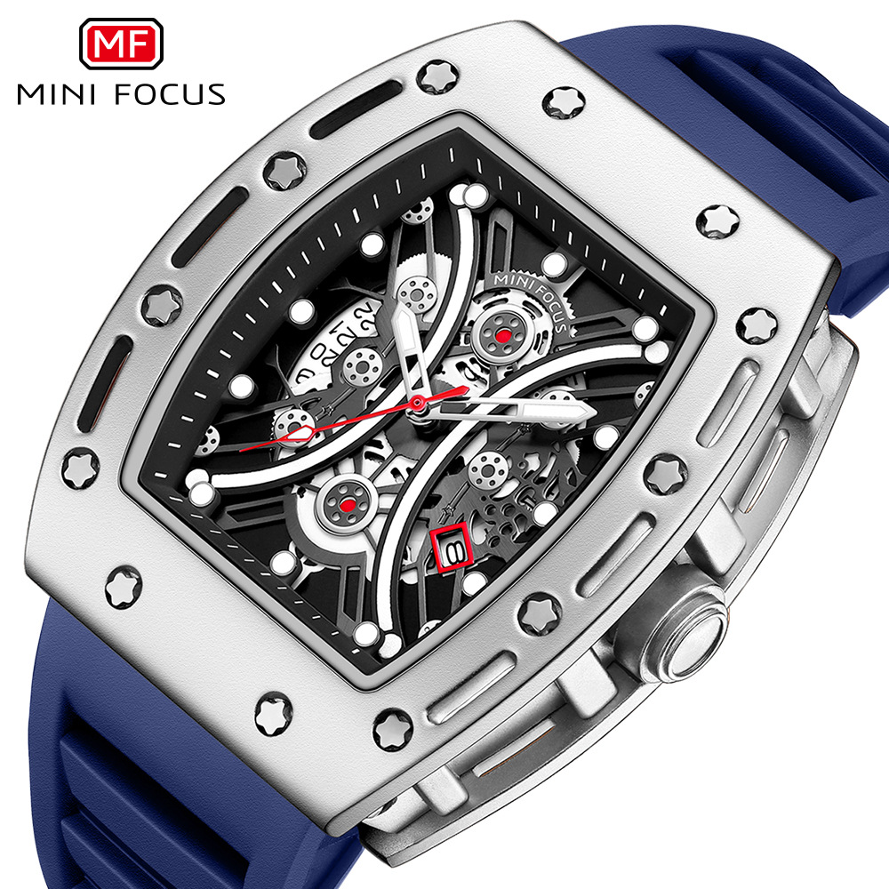MINI FOCUS brand watch: Powerful wine barrel men's watch, arc-shaped mirror Skeleton Sports men's Watch 0420G Item Picture