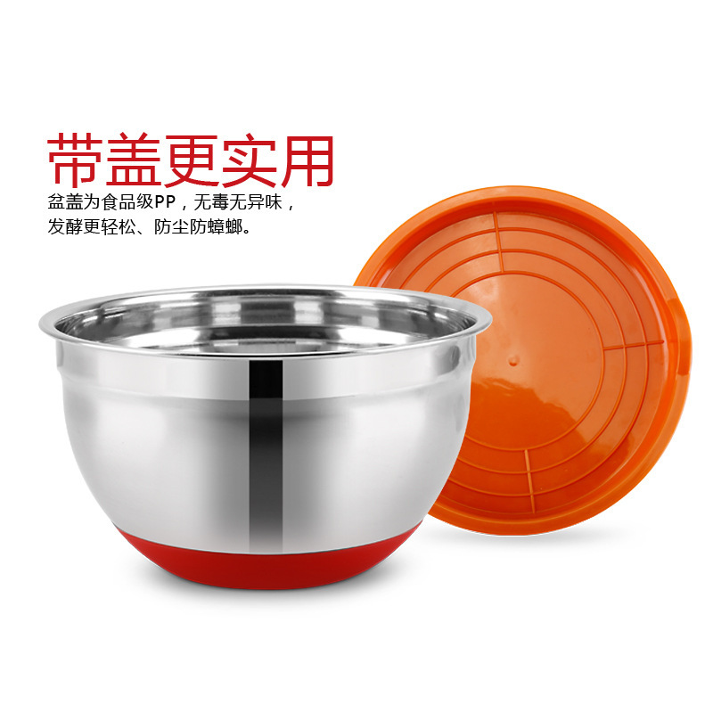 Silicone bottom egg-beating bowl five-piece set, stainless steel salad bowl, cooking bowl, thickened salad bowl, baking and mixing salad bowl Specification image