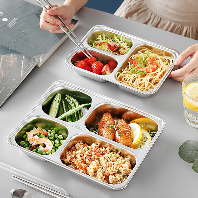 304 stainless steel fast food plate, square, deepened and thickened, compartmented bento box, student cafeteria lunch plate details Picture