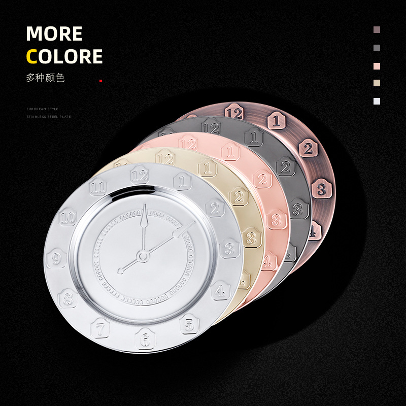 Western-style steak plate, bar stainless steel creative round plate, circular time decoration plate, KTVlogo customization details Picture