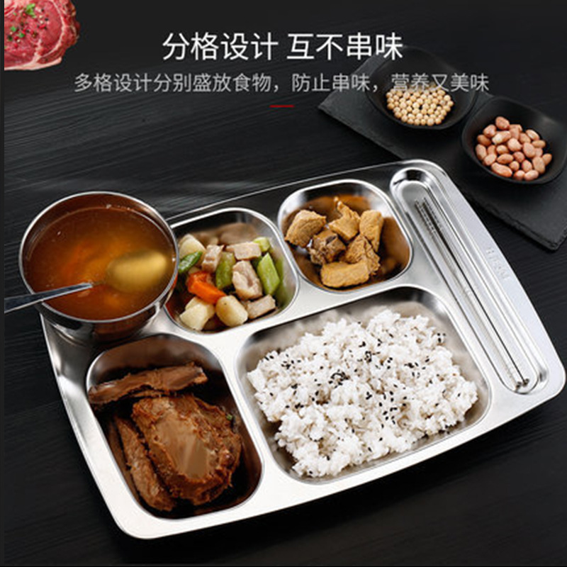 Wholesale 304 stainless steel fast food plates, square compartments for student canteens, student meal plates with customizable logos Application Scenario