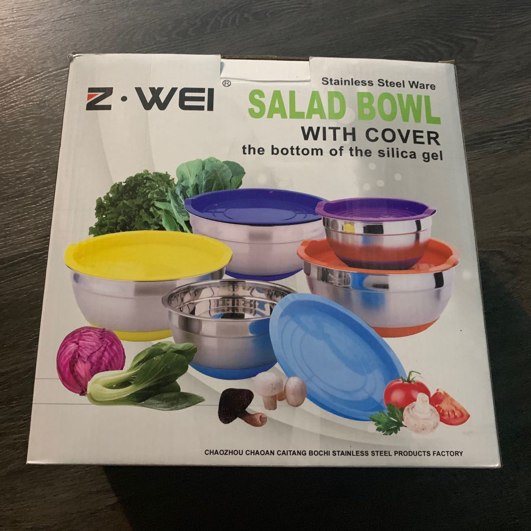 Silicone bottom egg-beating bowl five-piece set, stainless steel salad bowl, cooking bowl, thickened salad bowl, baking and mixing salad bowl