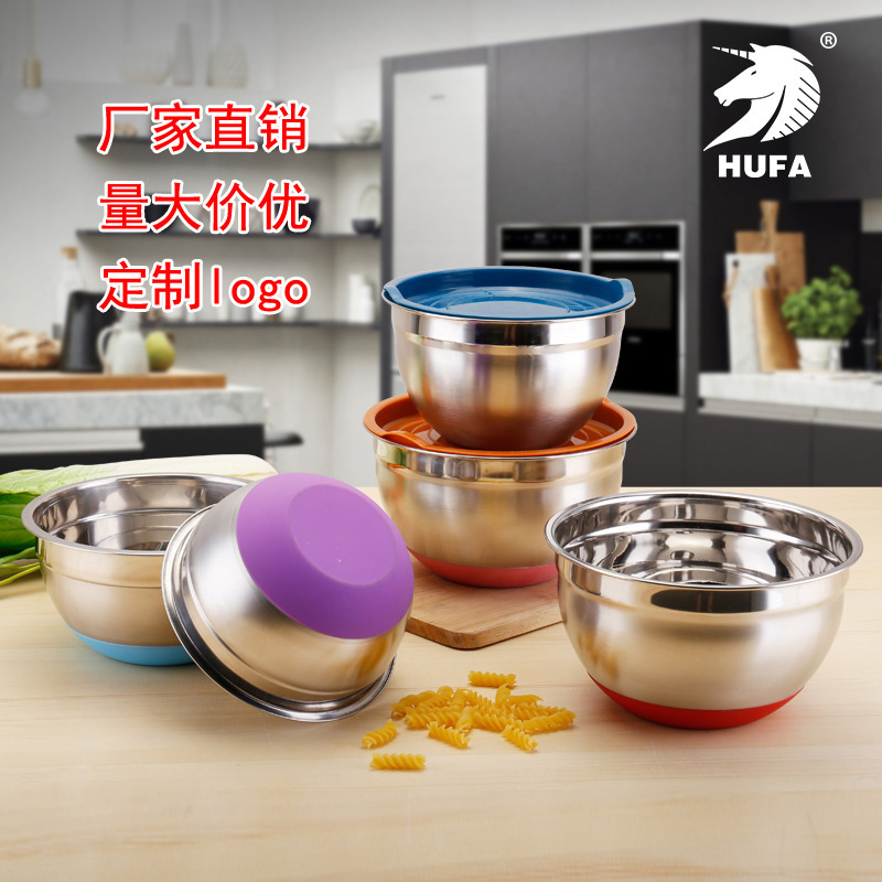 Silicone bottom egg-beating bowl five-piece set, stainless steel salad bowl, cooking bowl, thickened salad bowl, baking and mixing salad bowl details Picture