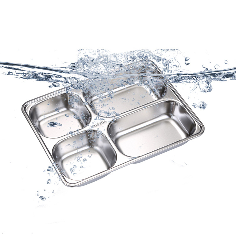 304 stainless steel fast food plate, square, deepened and thickened, compartmented bento box, student cafeteria lunch plate Application Scenario
