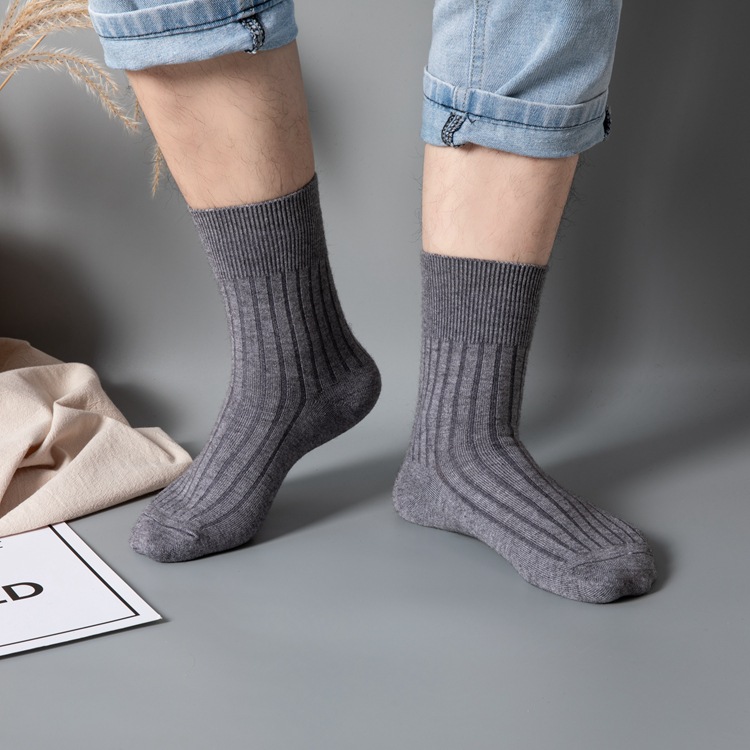 Qiaojia Golden Fox's new autumn and winter solid-color striped cashmere and wool socks, men's long stockings, double-needle thickened warm men's socks
