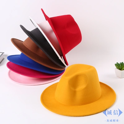 Solid color Autumn winter Europe and the United States popular woollen top hat soft woollen jazz hat large brimmed hat fashion flat top hat thumbnail
