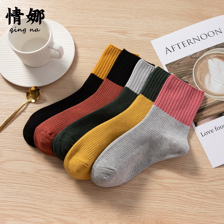 Qingna Socks Women's mid-calf Socks, ins Trendy Autumn and winter Korean and Japanese style color-blocked long calf socks, combed cotton women's socks wholesale details Picture