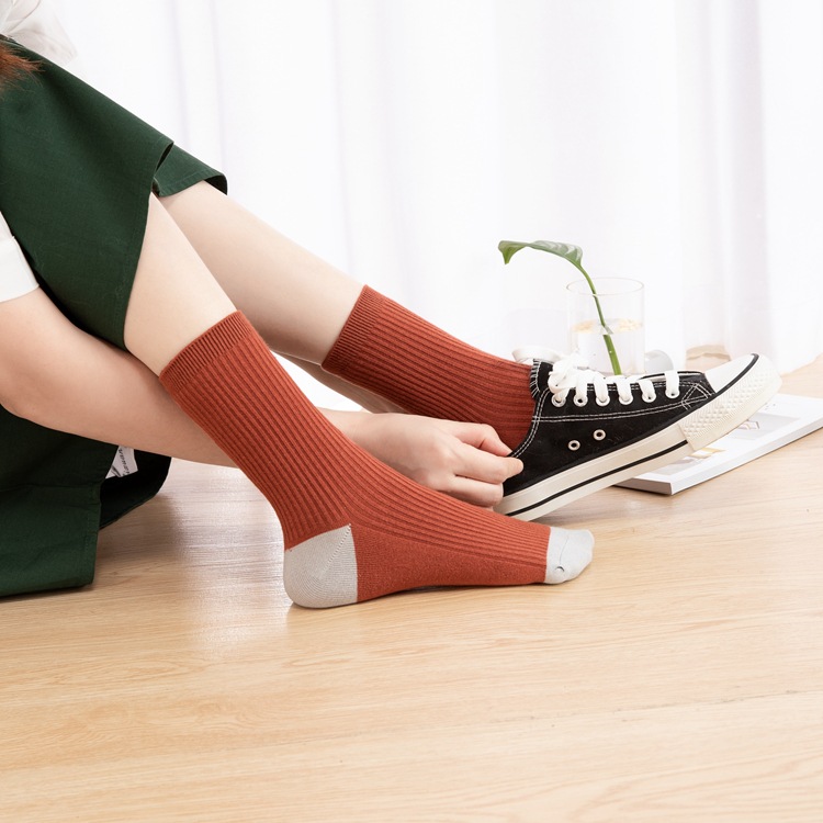 Qingna Socks Women's Autumn and Winter double-needle women's Socks Fashion School style color-blocked women's socks combed cotton long stockings wholesale Specification image