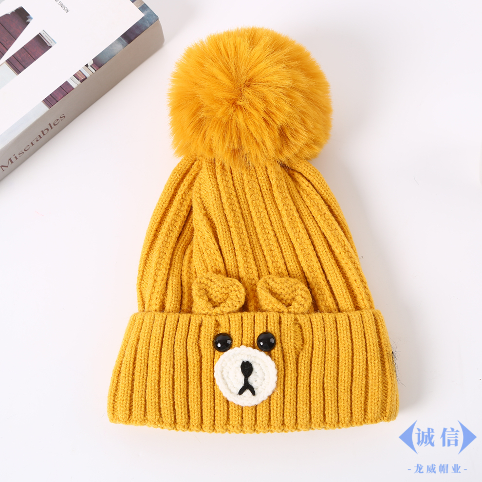 Cute and cute bear expression plus fur ball decorative knitting hat autumn and winter 100 match warm children's wool  thumbnail