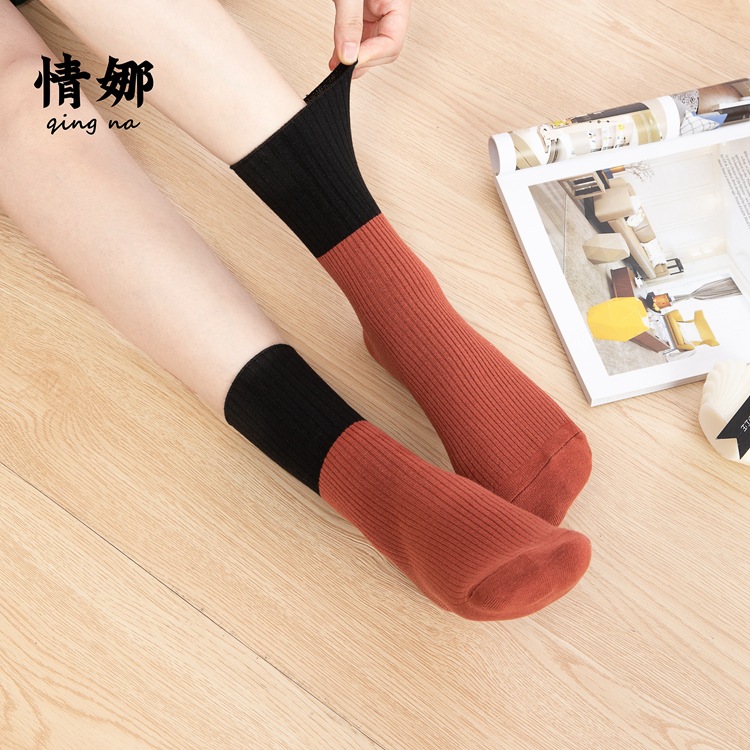 Qingna Socks Women's mid-calf Socks, ins Trendy Autumn and winter Korean and Japanese style color-blocked long calf socks, combed cotton women's socks wholesale Specification image
