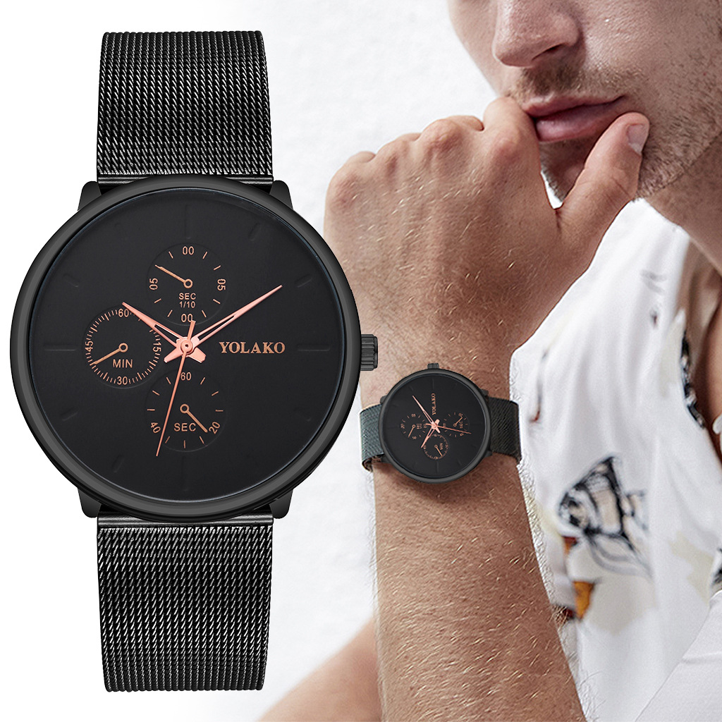 YOLAKO alloy mesh band men's watch, a simple fake three-eye casual wristwatch, is a bestseller on AliExpress
