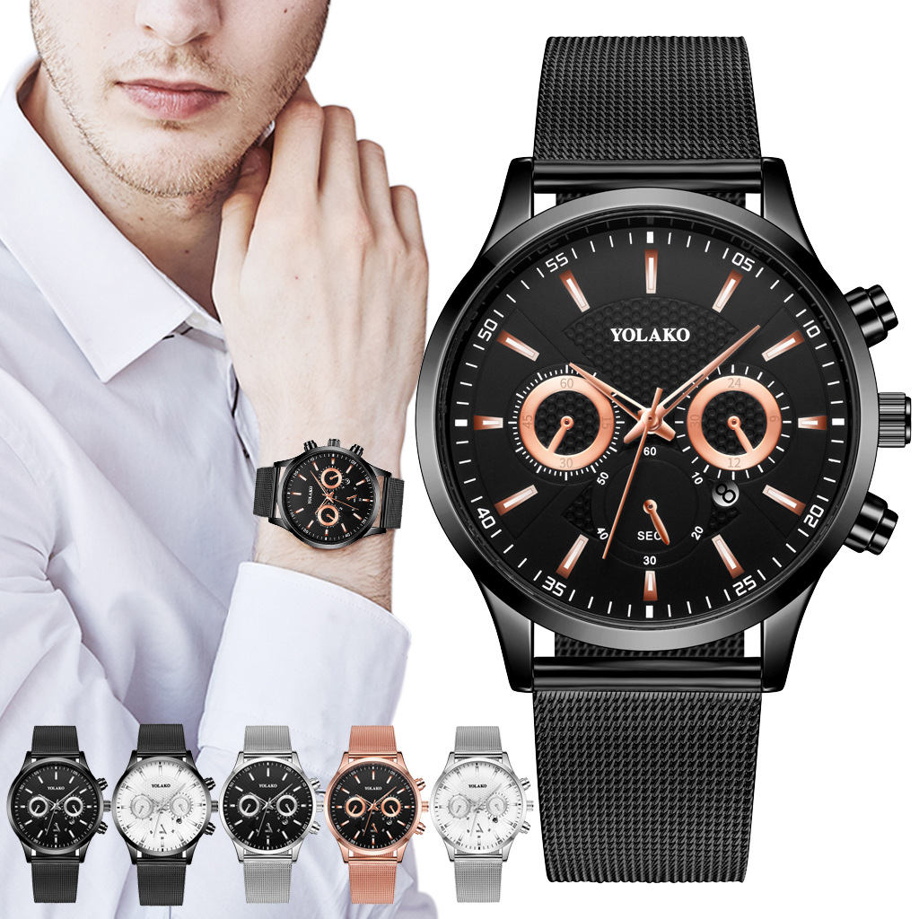 YOLAKO时尚品牌男士休闲日历合金网带手表 简约网带男款石英表男