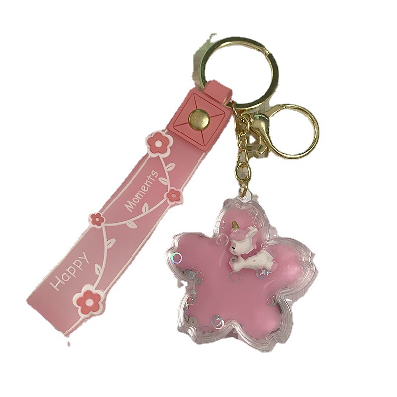 Cherry blossom oil unicorn keychain, liquid flowing sand floating key chain ring, Internet celebrity cute and exquisite pendant wholesale Item Picture