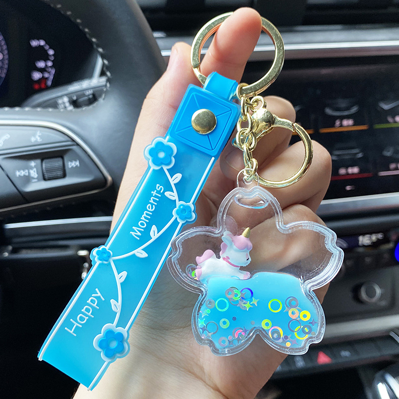 Cherry blossom oil unicorn keychain, liquid flowing sand floating key chain ring, Internet celebrity cute and exquisite pendant wholesale details Picture