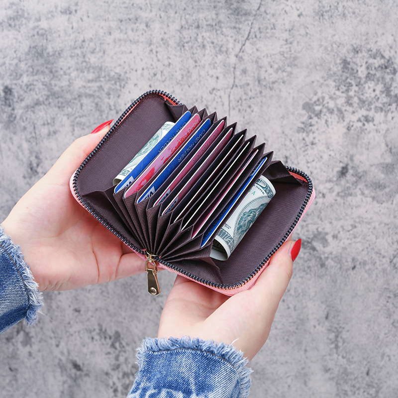 2020 New solid-color lychee pattern organ card case, women's ID card position card bag, card holder, coin purse all-in-one bag details Picture