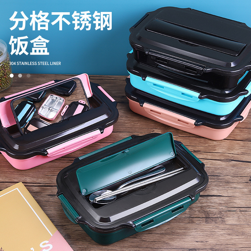 Student portable plastic microwave oven, insulated 304 stainless steel lunch box, three-compartment lunch box, tableware, bento box set Specification image