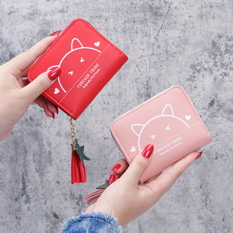 2020 new purse lady cute cat print zipper small purse simple small fresh short purse card bag