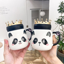 可爱卡通熊猫皇冠陶瓷杯带盖保温把手马克杯创意礼品学生咖啡杯子