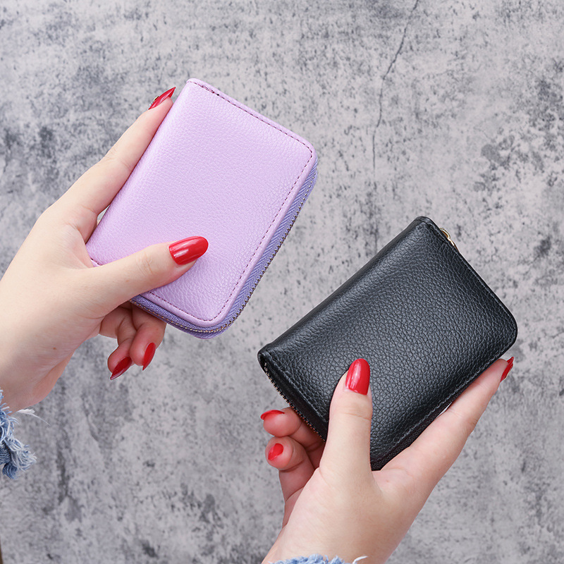 2020 New solid-color lychee pattern organ card case, women's ID card position card bag, card holder, coin purse all-in-one bag Specification image