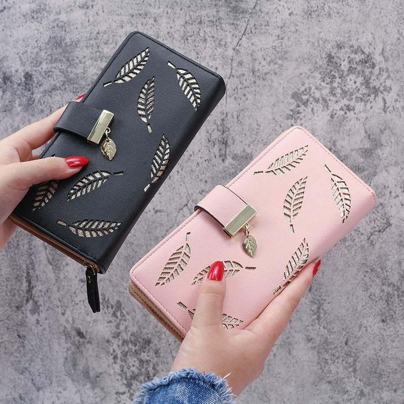 2020 new Korean version of women's purse long fashion handbag hollowed out leaves zipper buckle purse purse for women