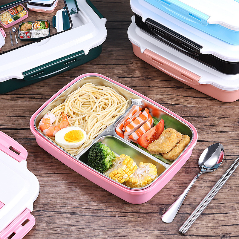 Student portable plastic microwave oven, insulated 304 stainless steel lunch box, three-compartment lunch box, tableware, bento box set details Picture
