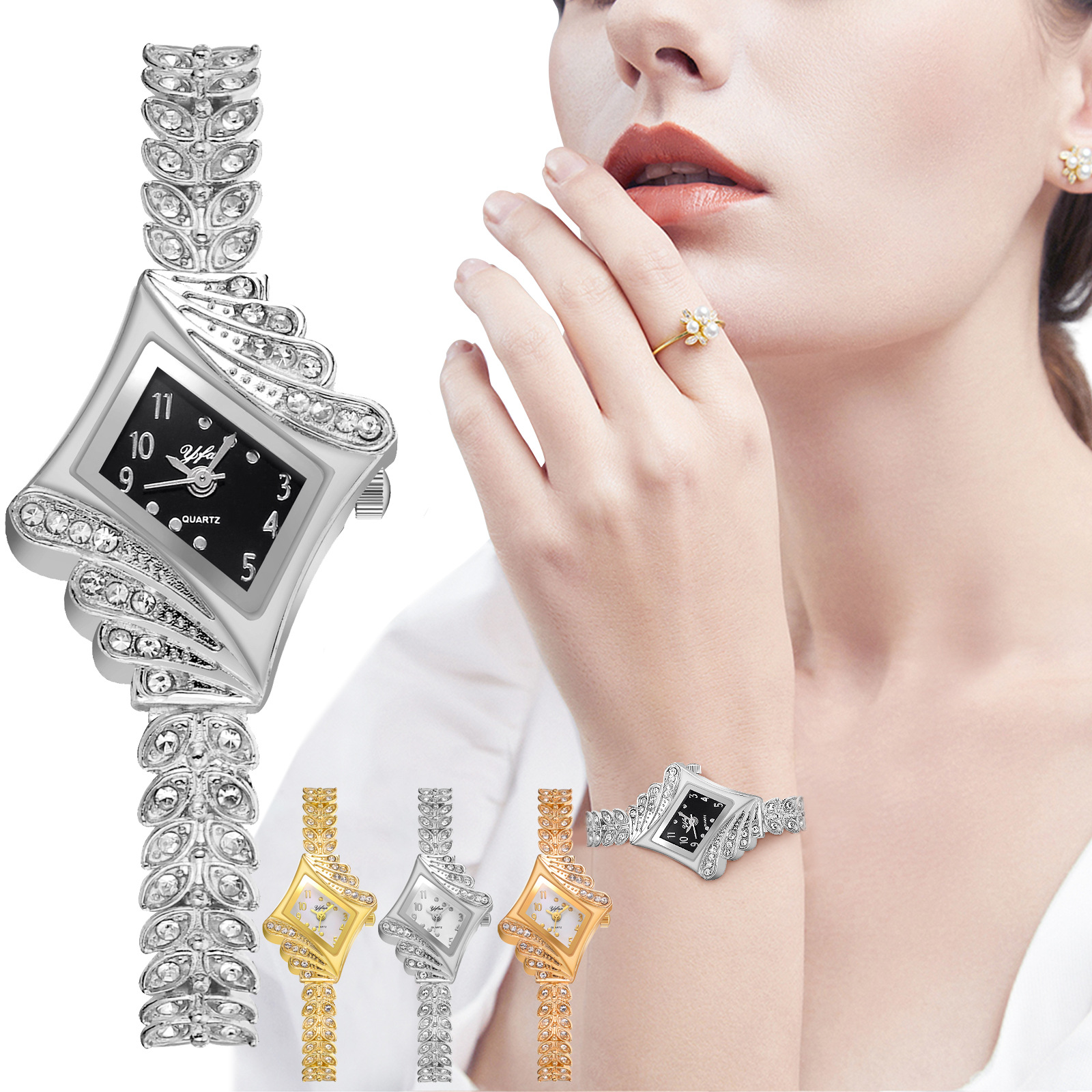 A popular foreign trade fashion diamond-encrusted bracelet watch with a creative diamond-shaped digital dial, a versatile quartz display product for ladies