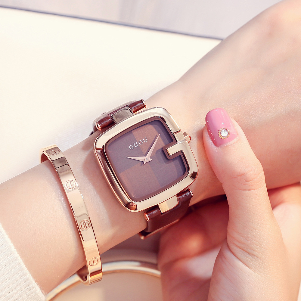 古欧GUOU女表新款中性方形手表潮流女士手表真皮石英Watch手表女