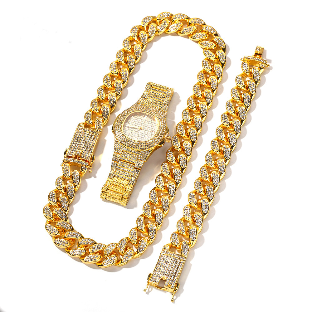 Personalized hip-hop style diamond-encrusted full diamond watch + bracelet + necklace -3 pieces /set exquisite gifts from the manufacturer Specification image