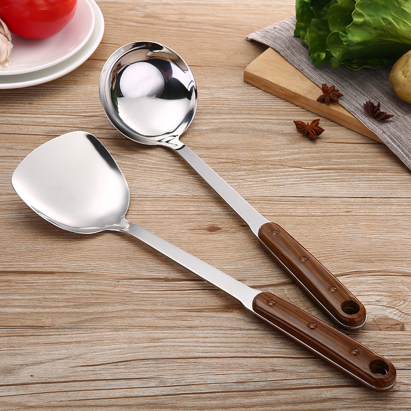Chaosheng Hardware 201 Non-magnetic Stainless Steel 3-millimeter plastic handle wood-grain imitation cooking spatula, soup spoon and kitchenware set Specification image