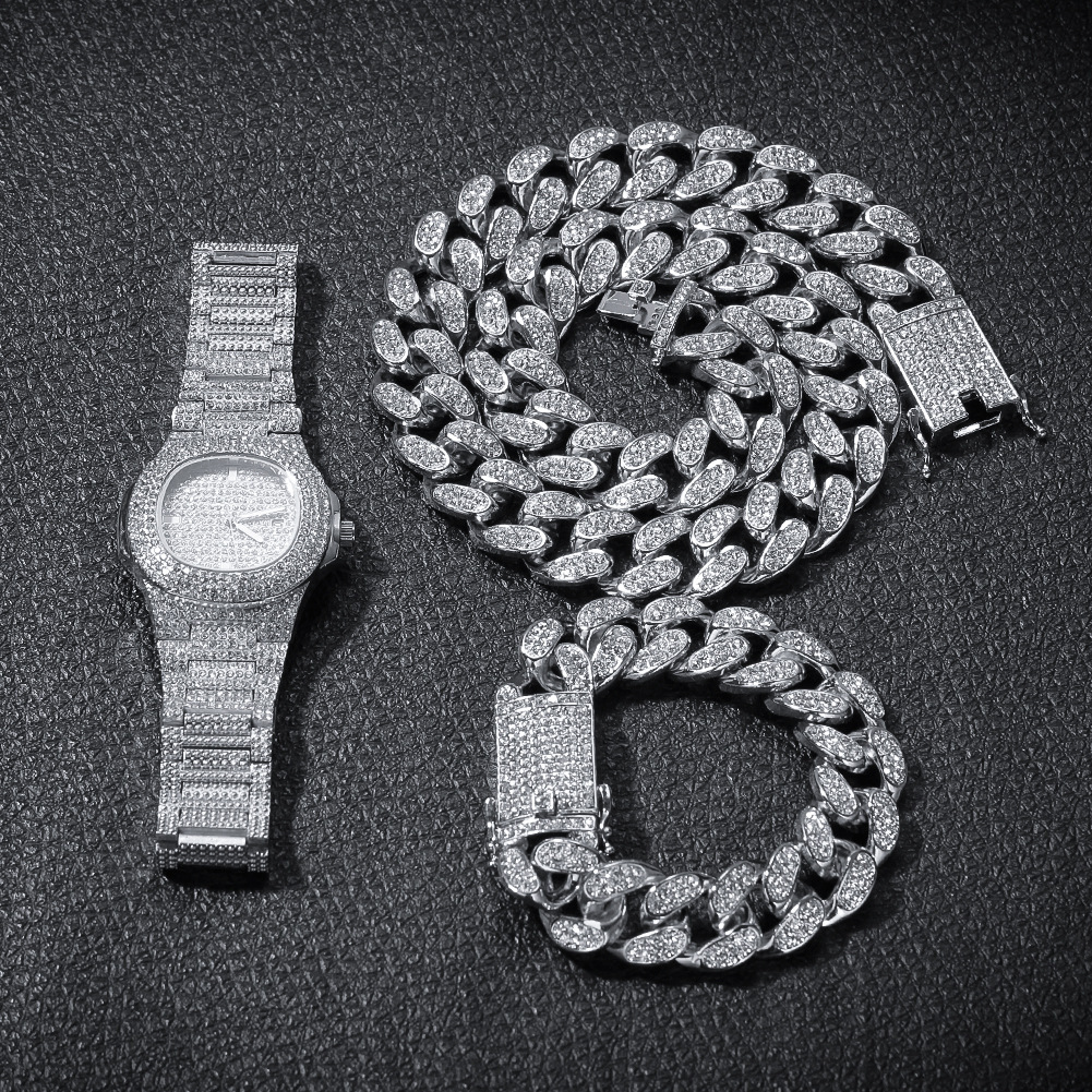 Personalized hip-hop style diamond-encrusted full diamond watch + bracelet + necklace -3 pieces /set exquisite gifts from the manufacturer details Picture