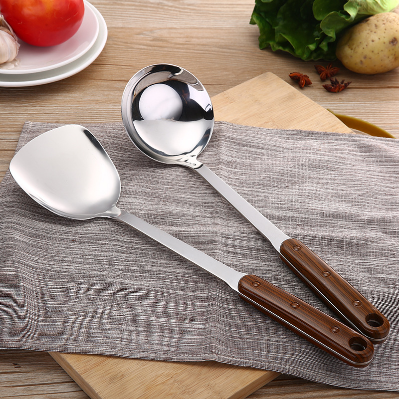 Chaosheng Hardware 201 Non-magnetic Stainless Steel 3-millimeter plastic handle wood-grain imitation cooking spatula, soup spoon and kitchenware set details Picture
