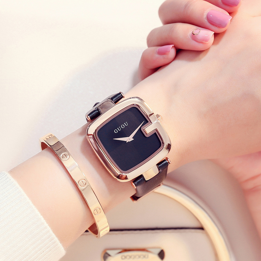 GUOU women's Watch new neutral square watch, trendy women's watch, genuine leather quartz watch for women details Picture